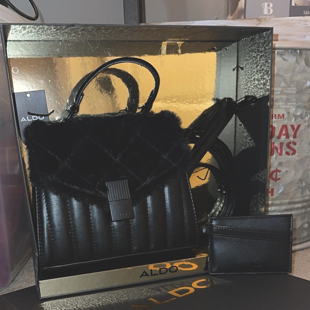 Brand New petite ALDO handbag. Includes shoulder strap and matching card holder.